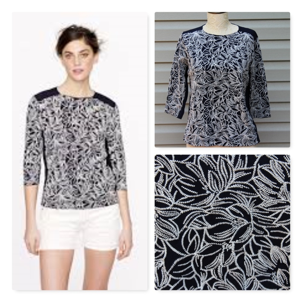 J CREW Blue White Top Blouse Size M Embroidered